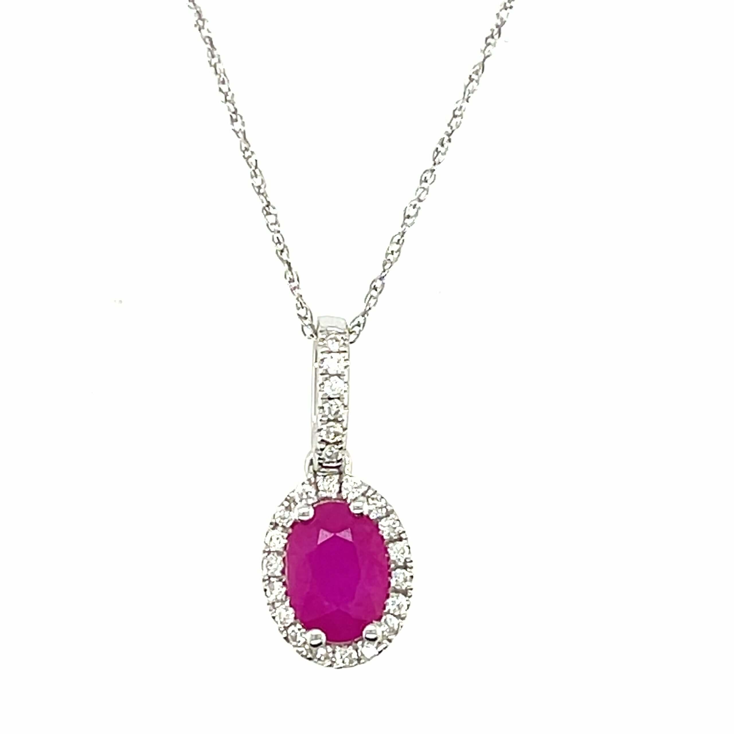 14K White Gold Oval Ruby & Diamond Pendant Necklace