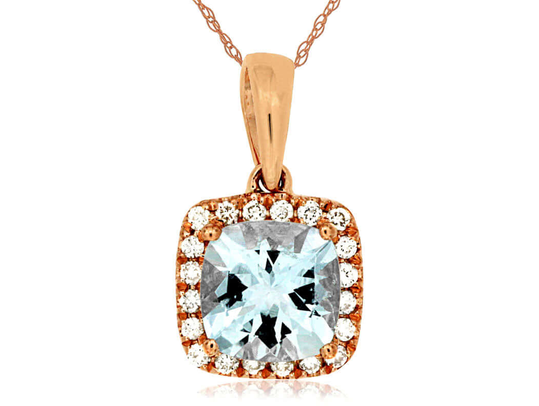 14K Rose Gold Square Halo Aquamarine & Diamond Necklace