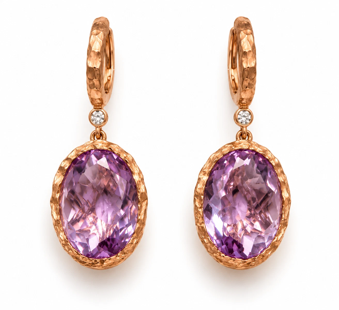 Oval Amethyst and Diamond Dangle Earrings in Rose Gold
