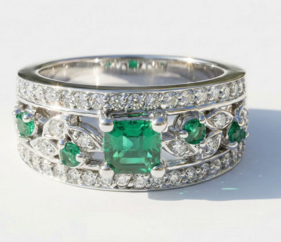 Emerald and Diamond Band in Yellow Gold