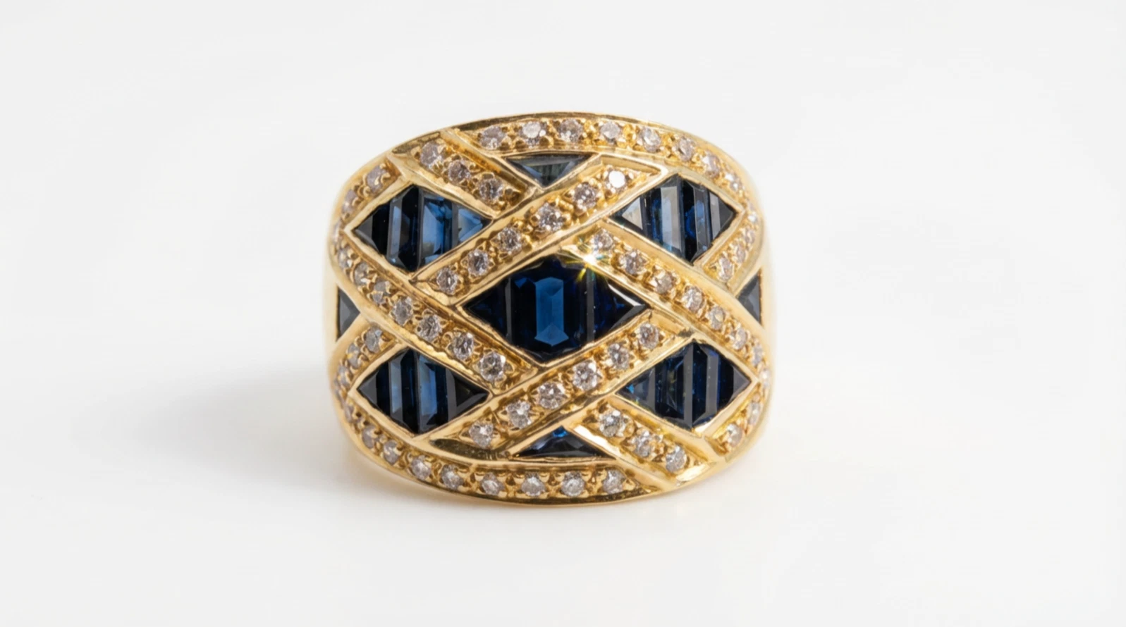 Sapphire and Diamond Wide Band Ring in Yellow Gold