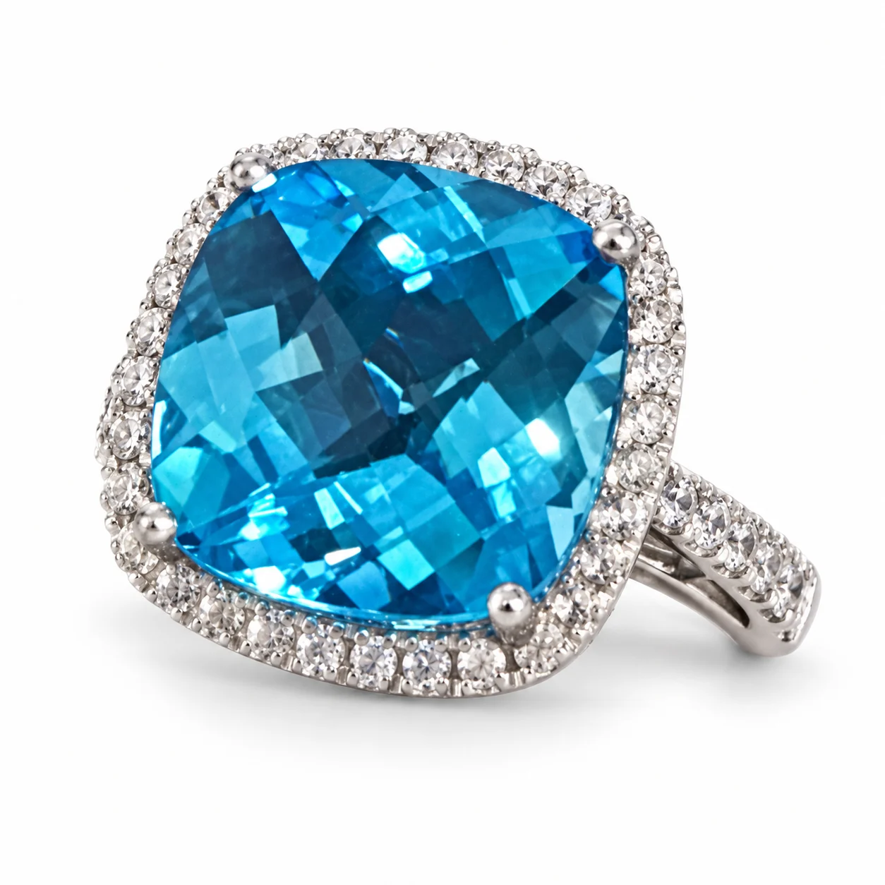 Cushion Cut Blue Topaz With Cubic Zirconia Halo in 925 Sterling Silver