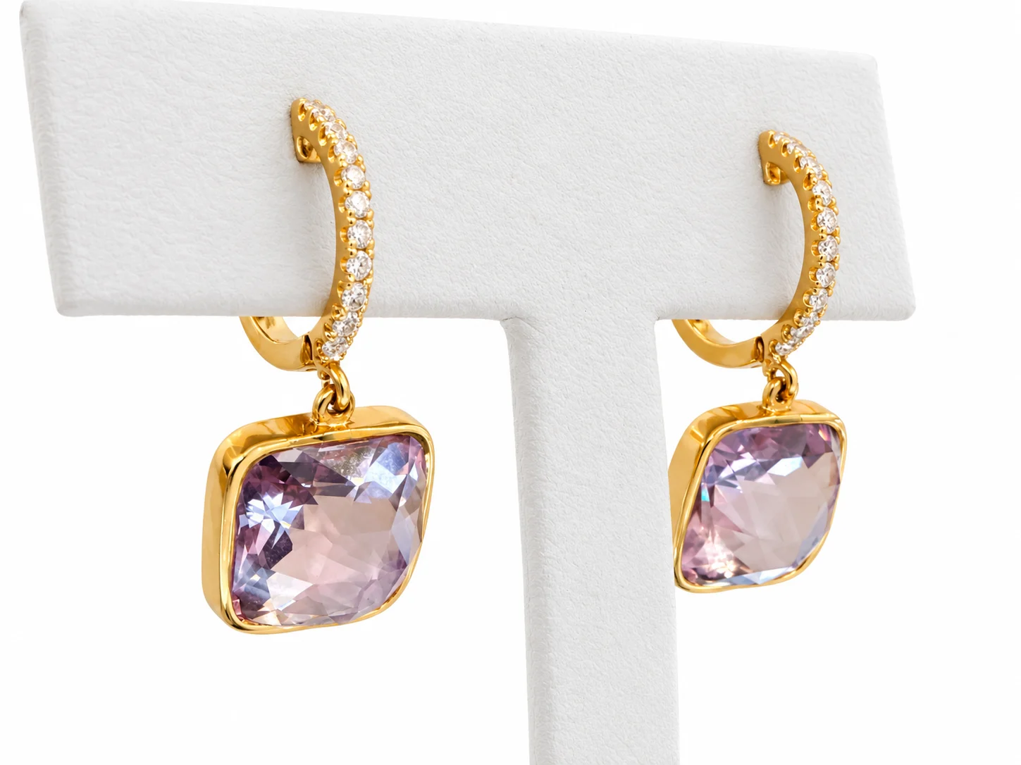 Square Cut Amethyst With Diamond Hoops In Yellow Gold