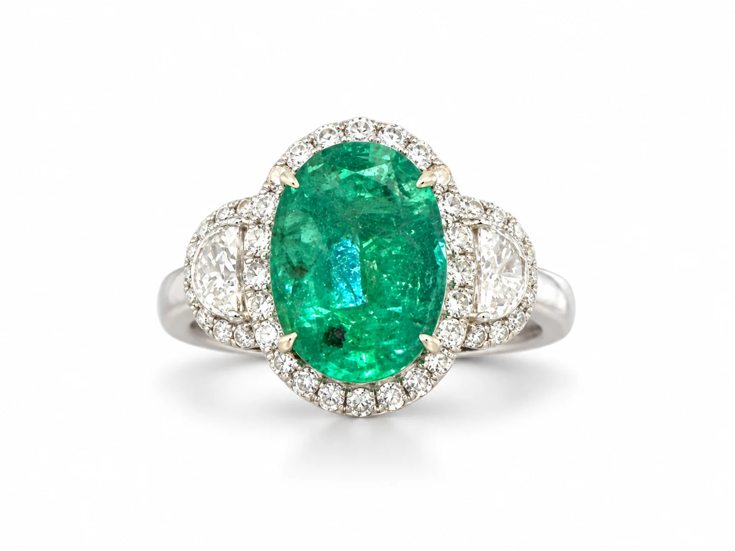 Oval Emerald & Half Noon Diamond With Halo in WG -atr-1214