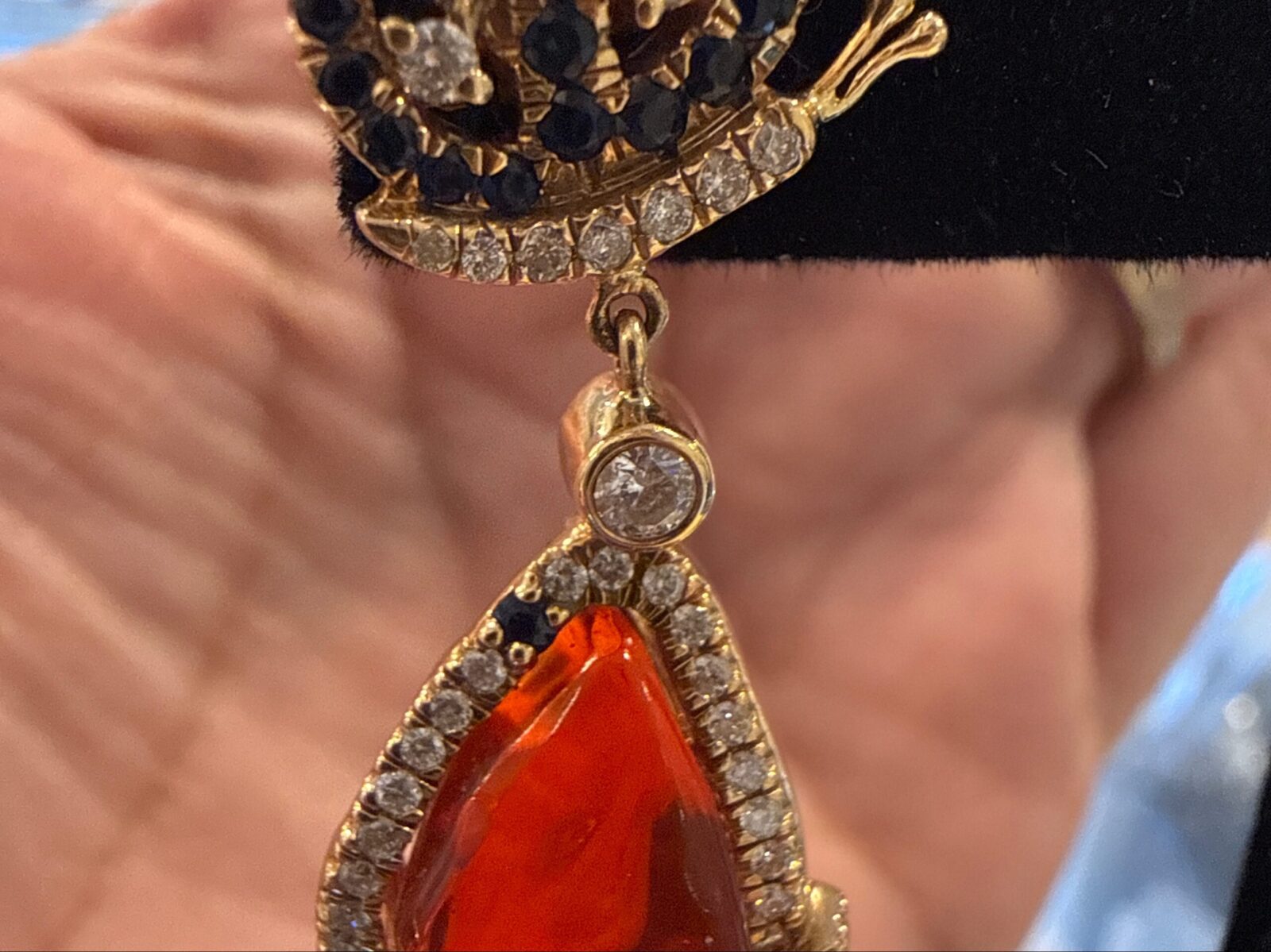 Butterfly Droop Earring Mexican Fire Opal With Diamond & Blue Sapphires in Yellow Gold