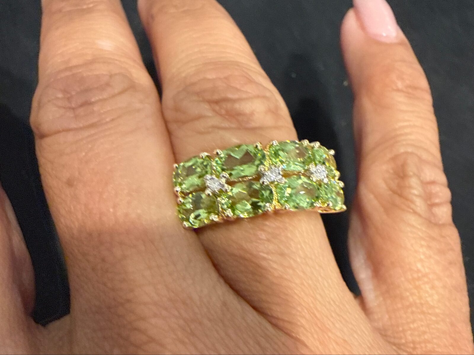 East West Oval Peridot & Diamond in Yellow Gold
