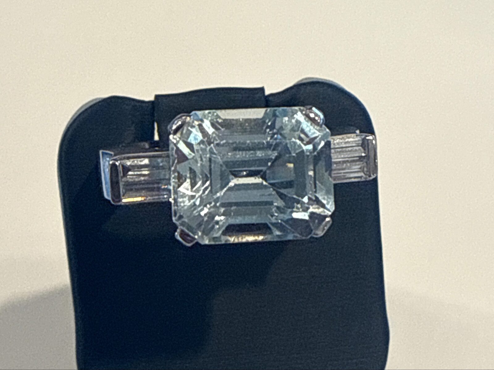 Emerald Cut Aqua Marine with Baguette Diamonds in White Gold