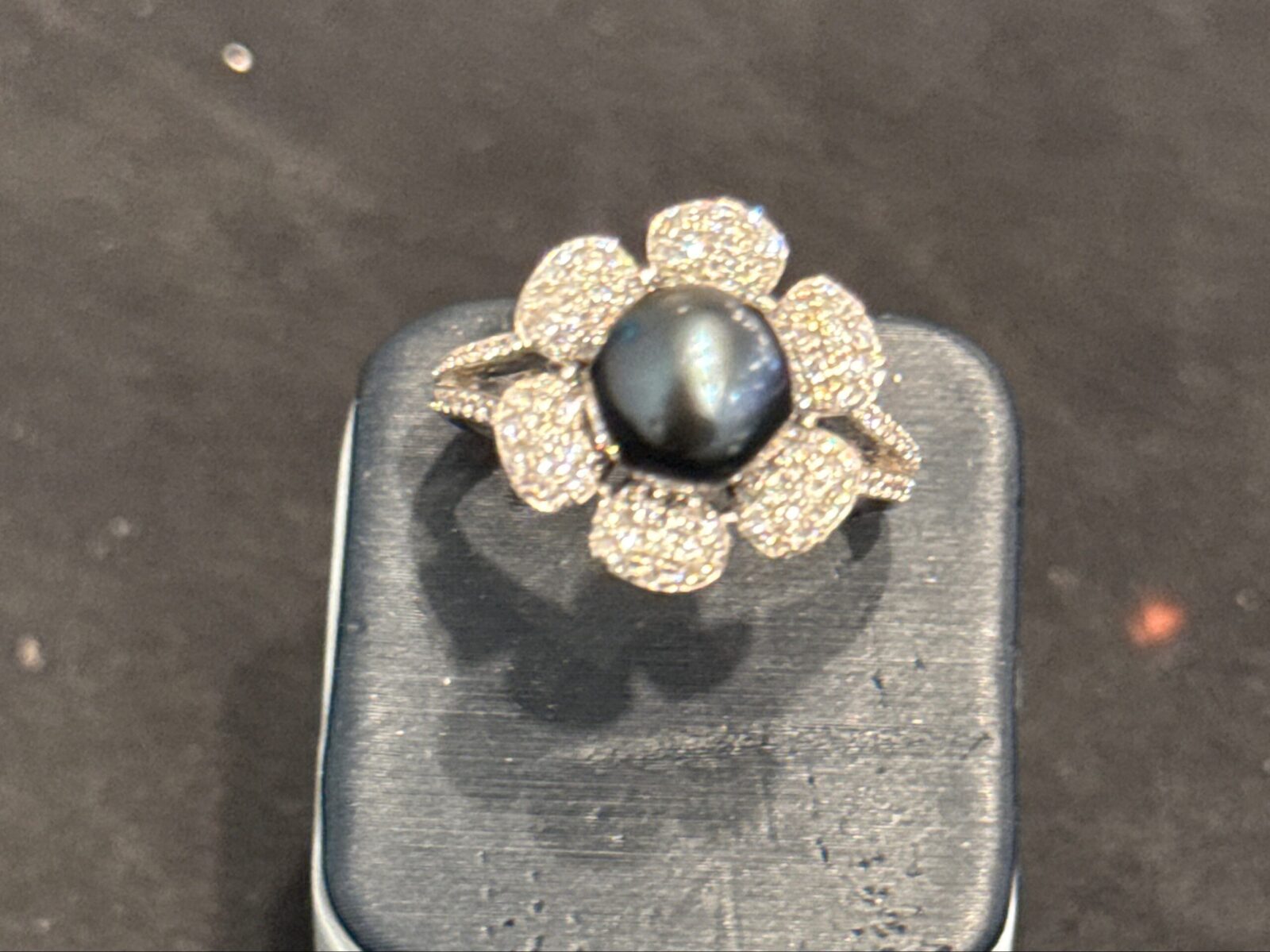Flower Shape Pearl & Pave Diamond Open Shank Ring in White Gold