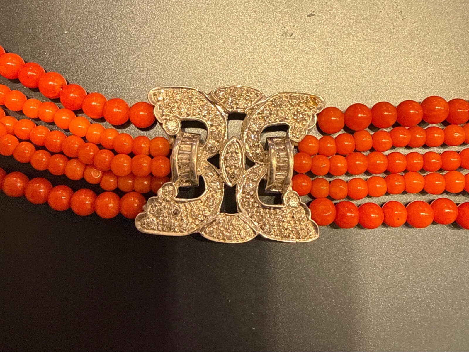 Estate Multi-Strand Sardinian Coral & Diamond in Platinum