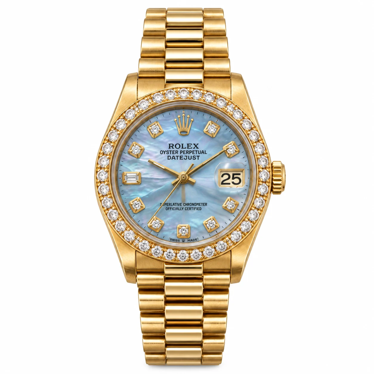 Yellow gold Rolex Datejust with blue mother-of-pearl dial and diamond bezel