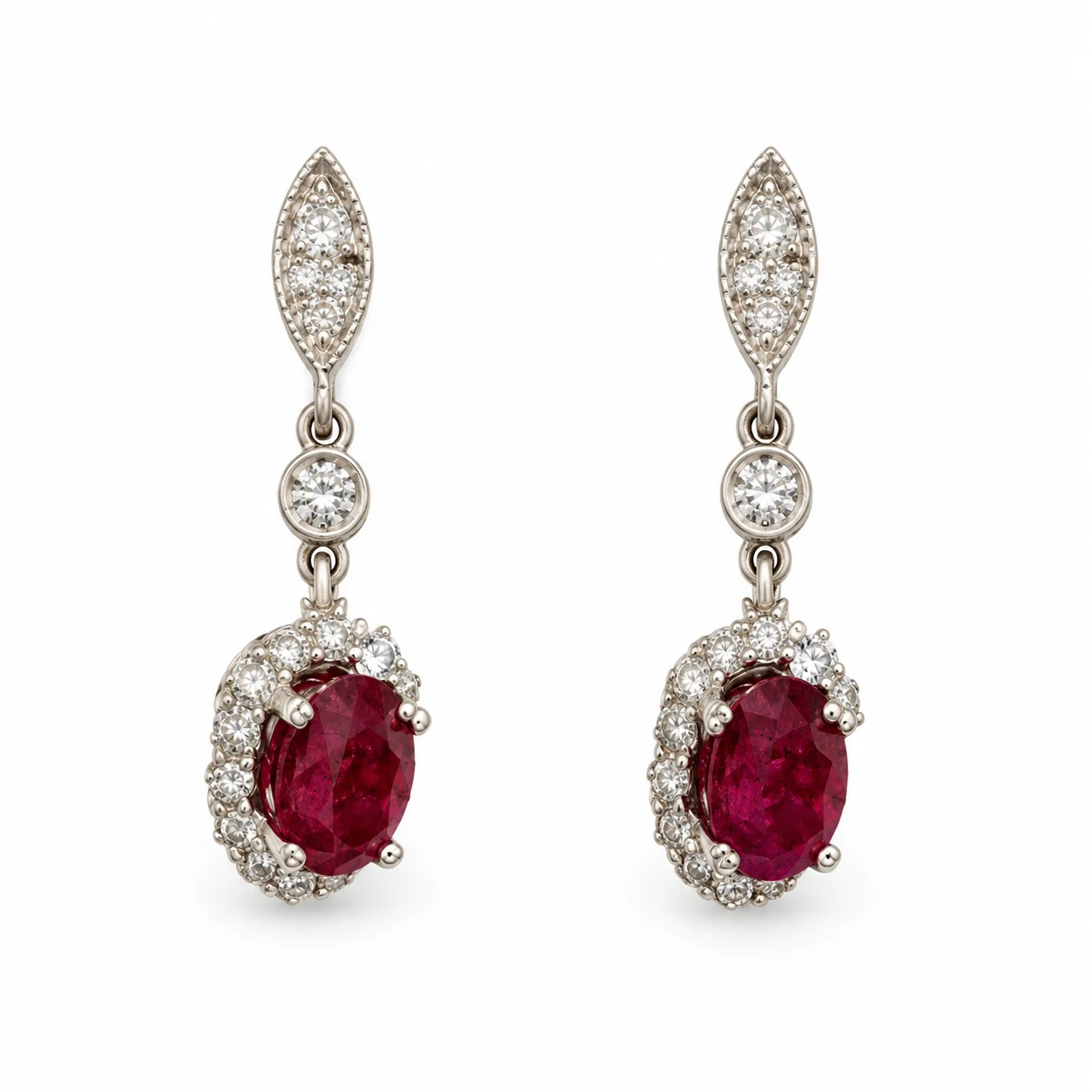 Oval Ruby and Round Diamond Drop Earrings