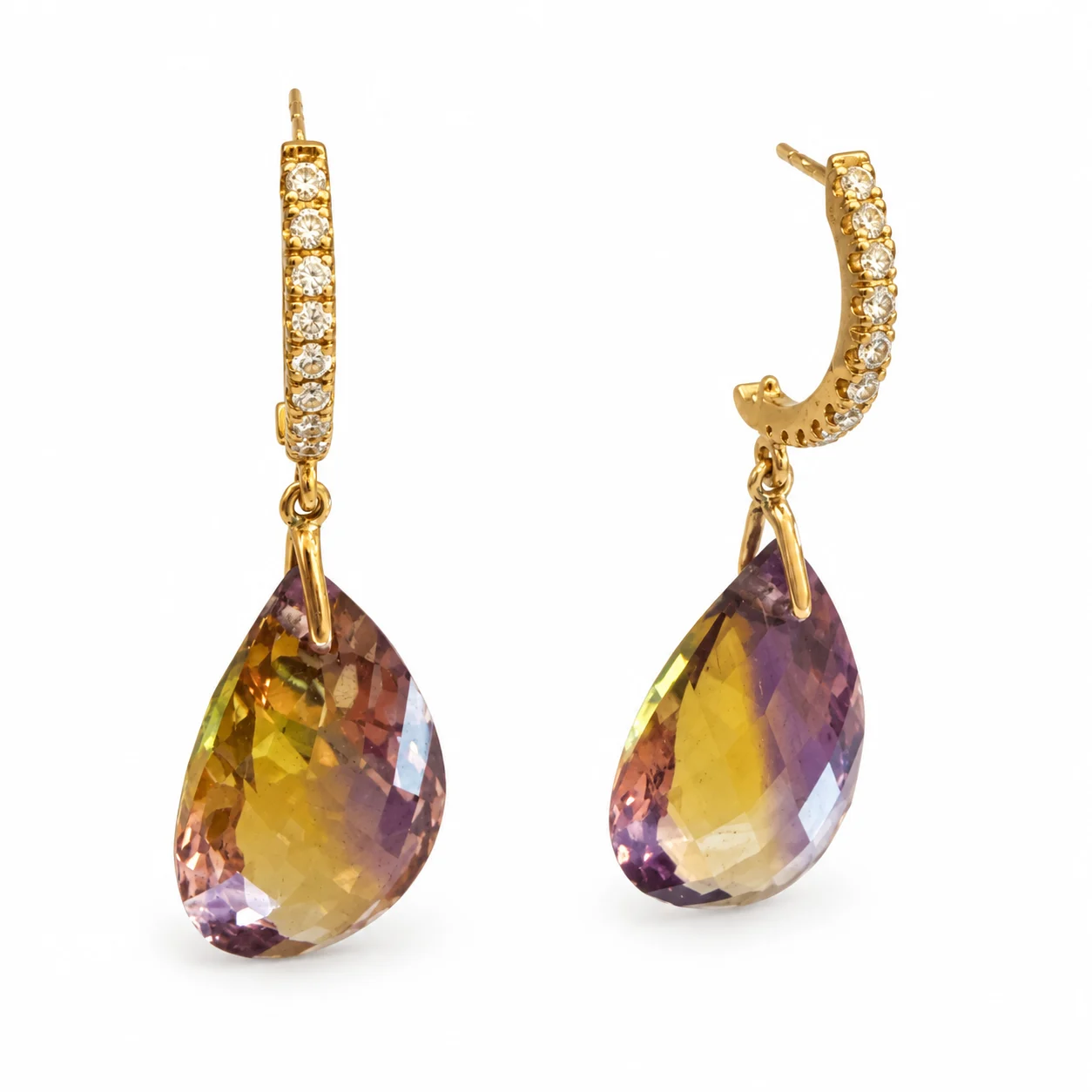 Tear Drop Amethyst With Diamond Hoops In Yellow Gold