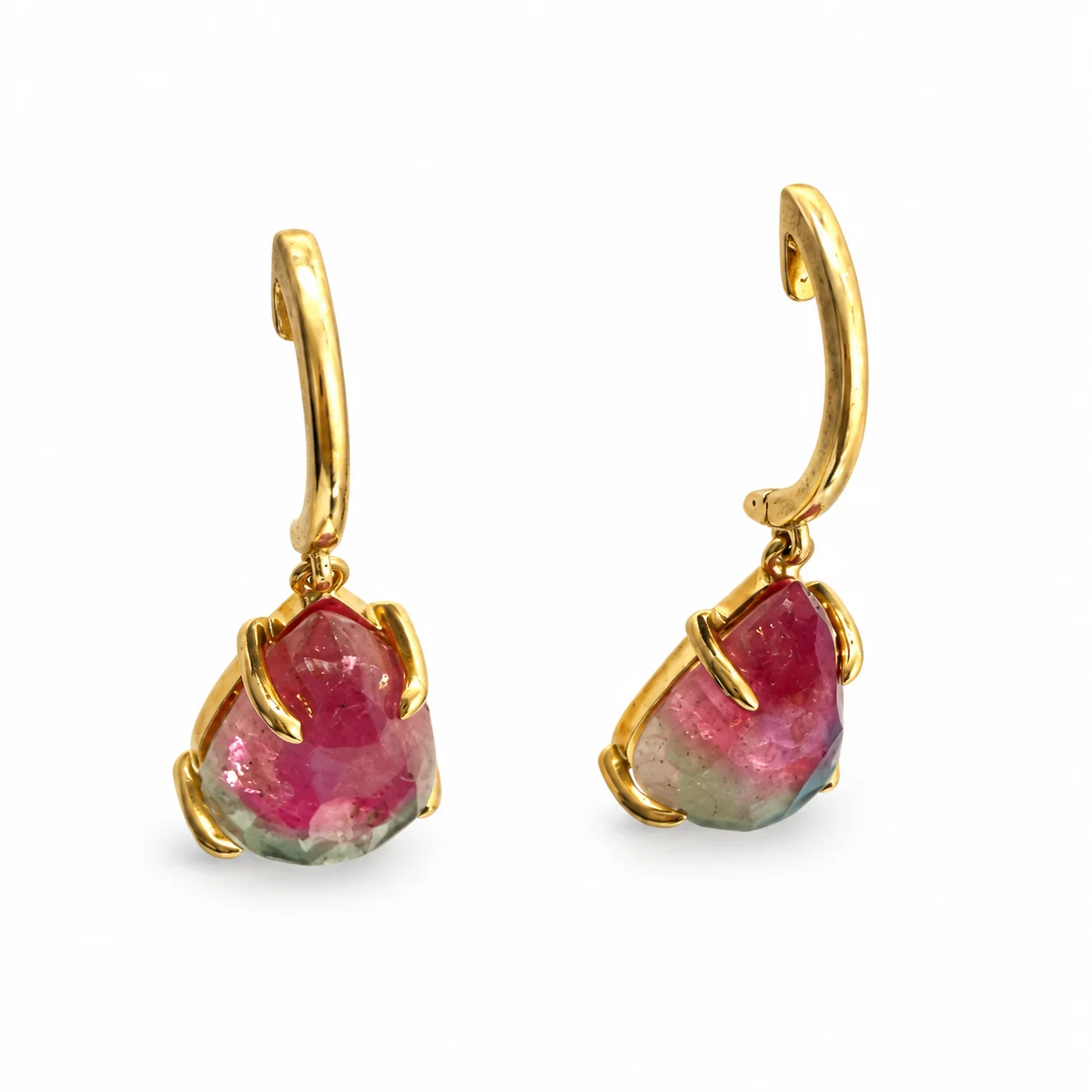 Pear Shape Watermelon Tourmaline Drop Hoop Earrings In Yellow Gold