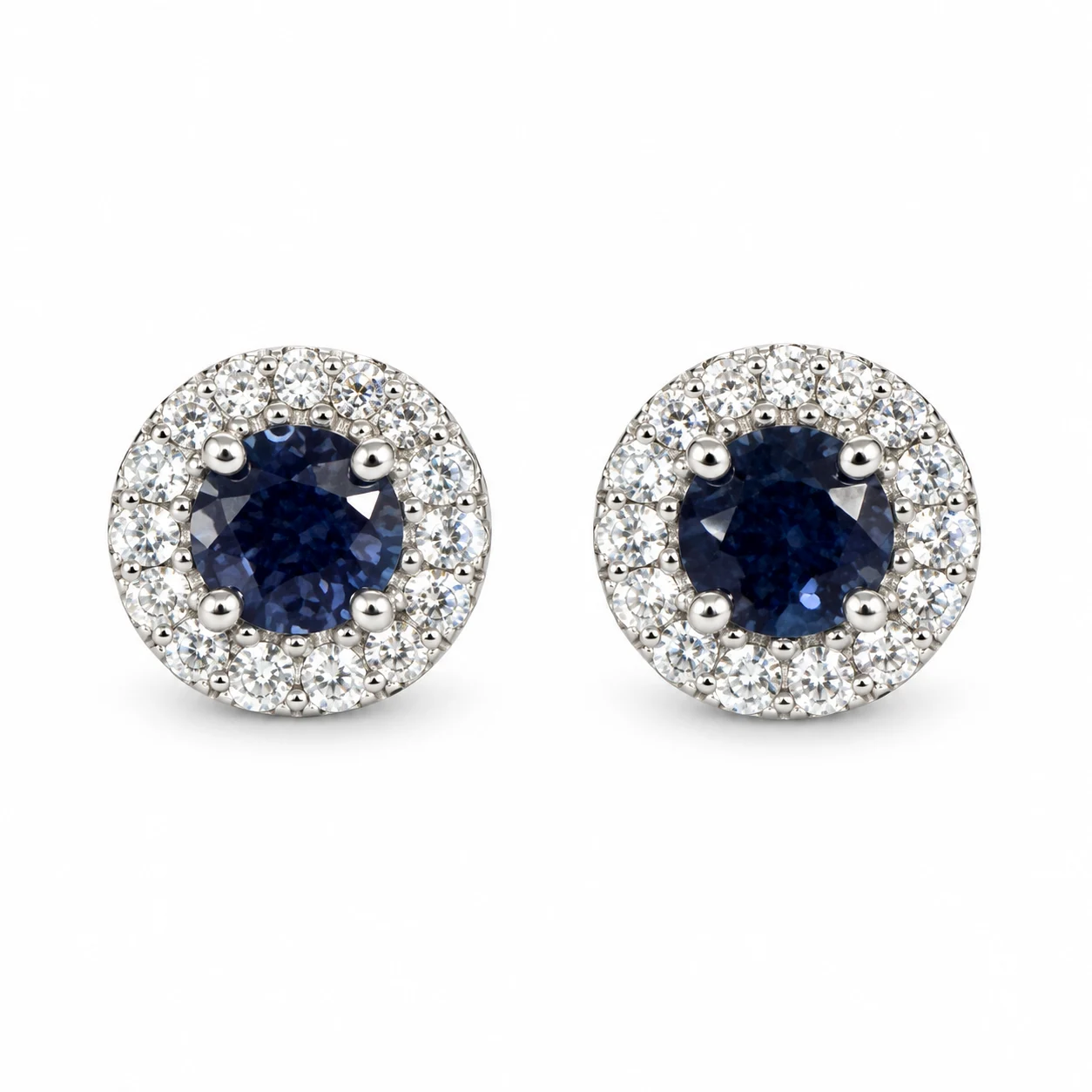 Round Blue Sapphire& Diamond Stud in White Gold