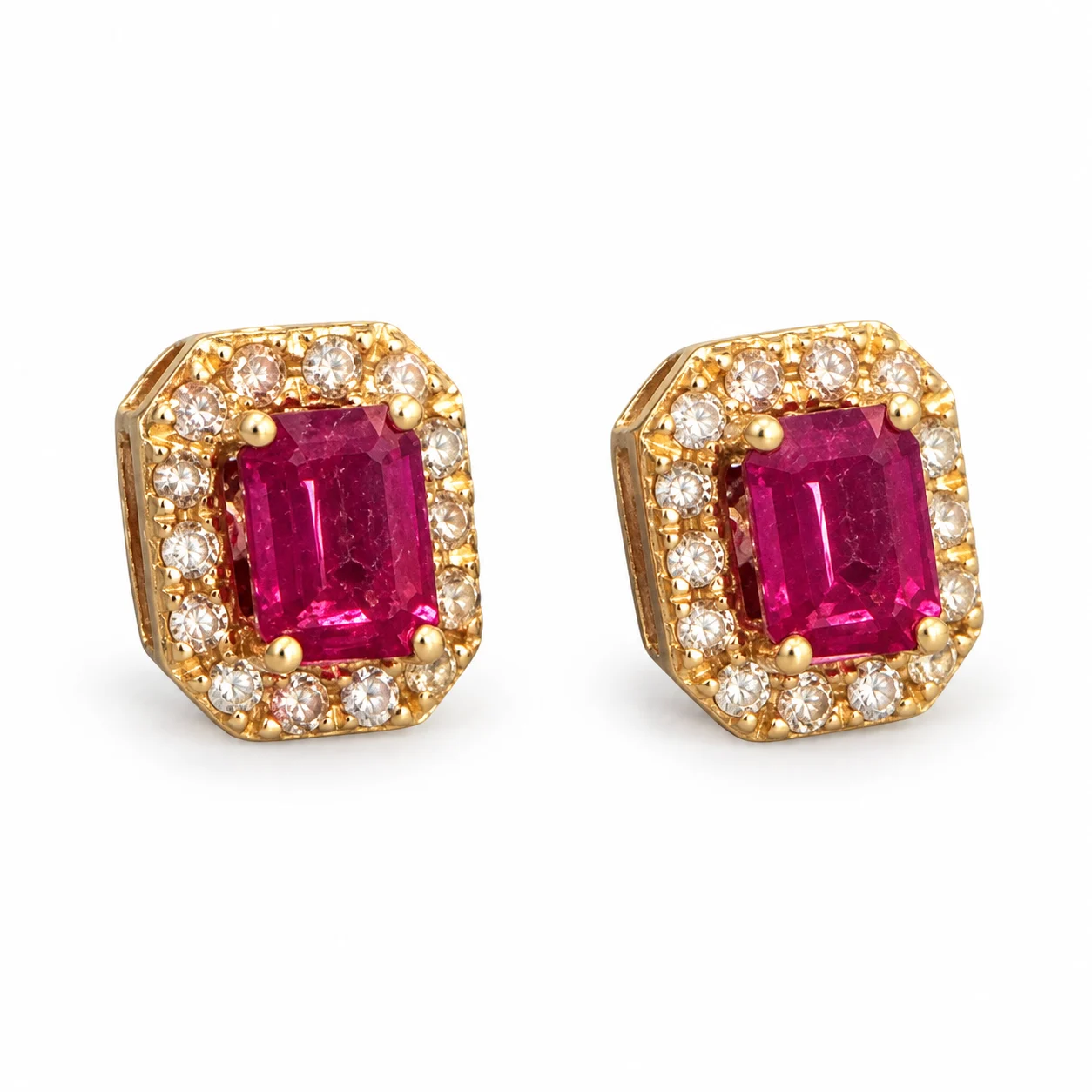 Emerald Cut Ruby With Diamond Halo In Yellow Gold