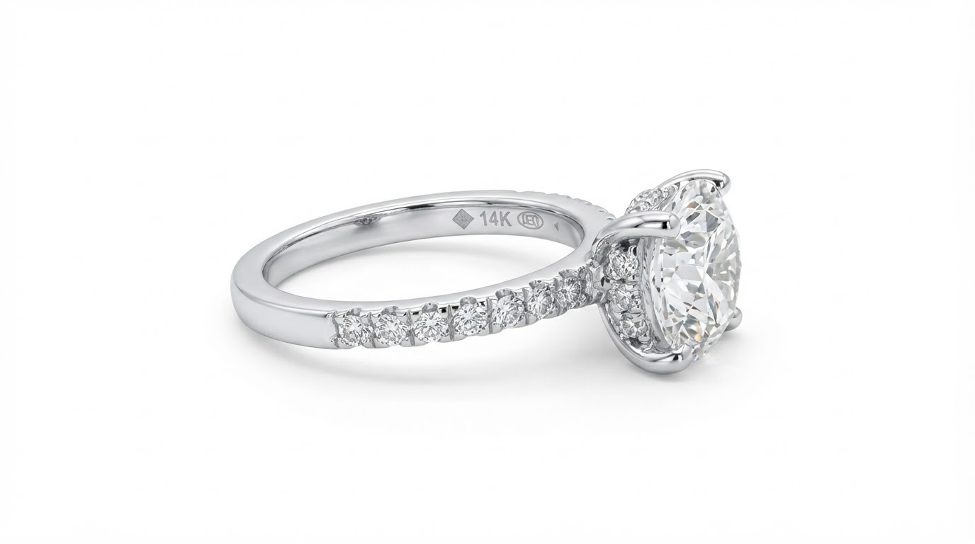 Round Cut Lab Diamond Ring in White Gold in an angled view