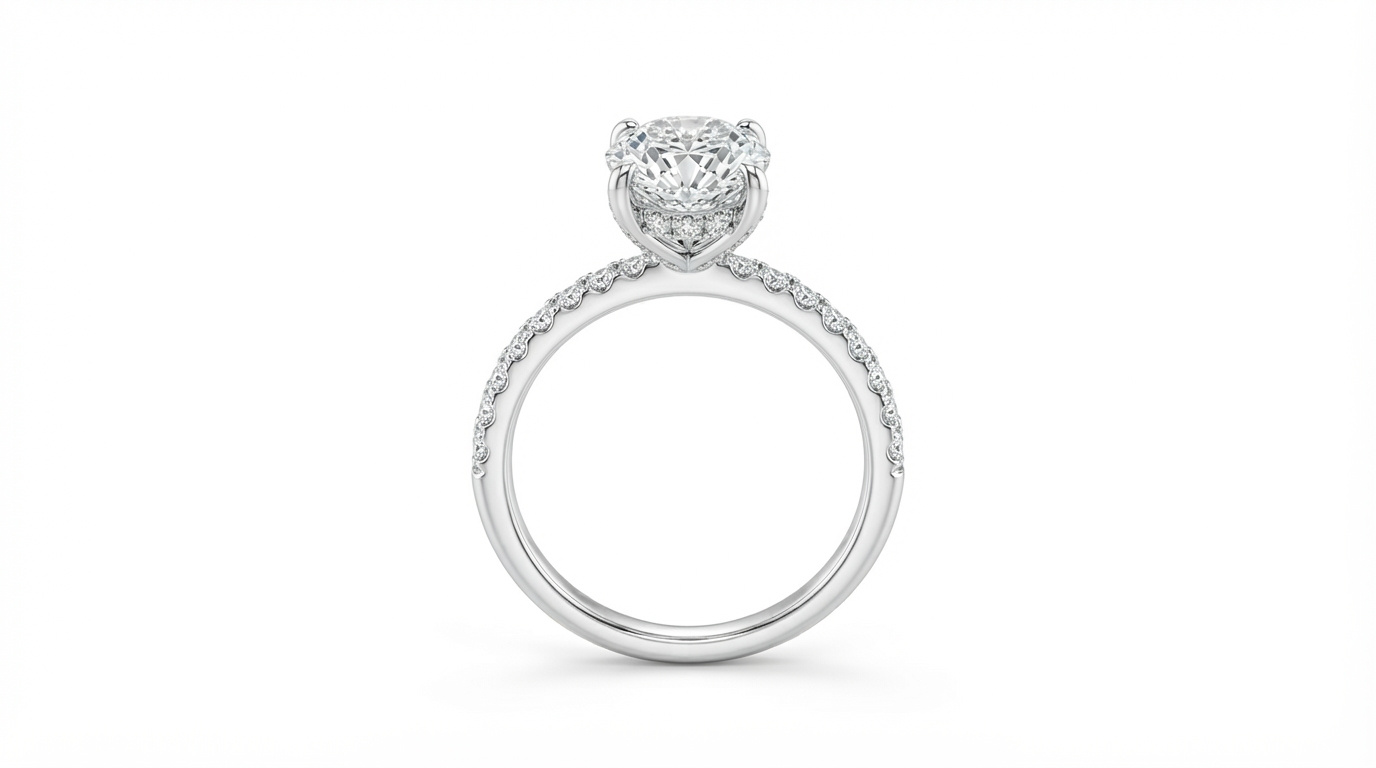 Round Cut Lab Diamond Ring in White Gold, side profile showing the hidden halo