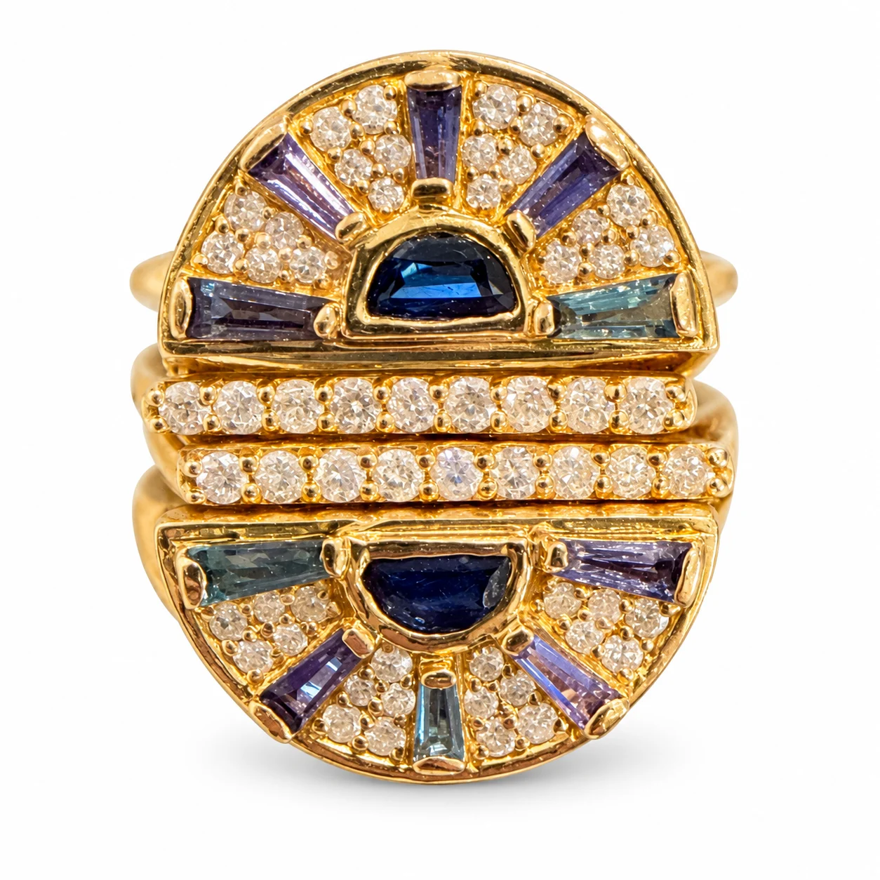 Deco Inspired Blue Sapphire / Lolli / Tanzanite With Diamond in Yellow Gold