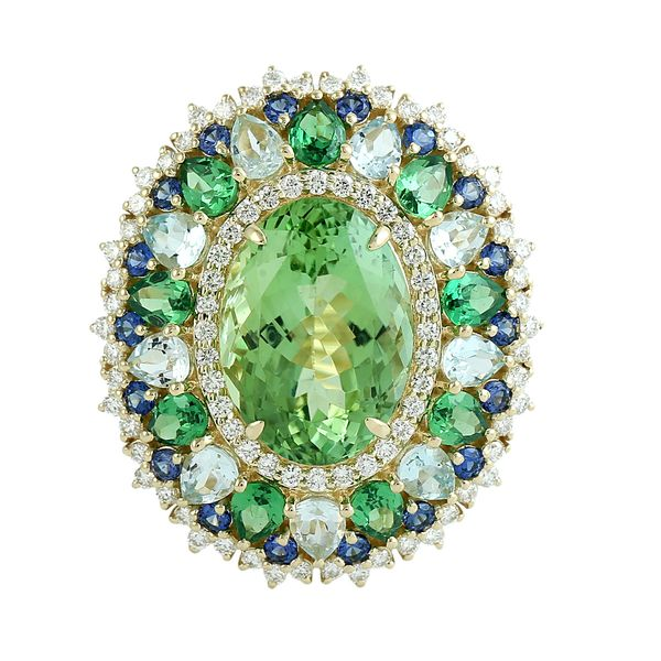 Green Tourmaline & Multigem Diamond Ring in 14K Yellow Gold