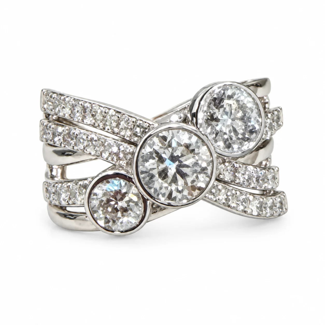 3 Stone Bezel Set Round Diamond Ring With Pave Band in White Gold