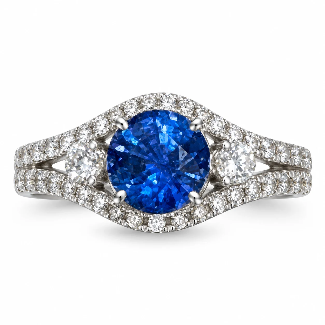 Round Blue Sapphire With Round Side Diamonds On White Gold
