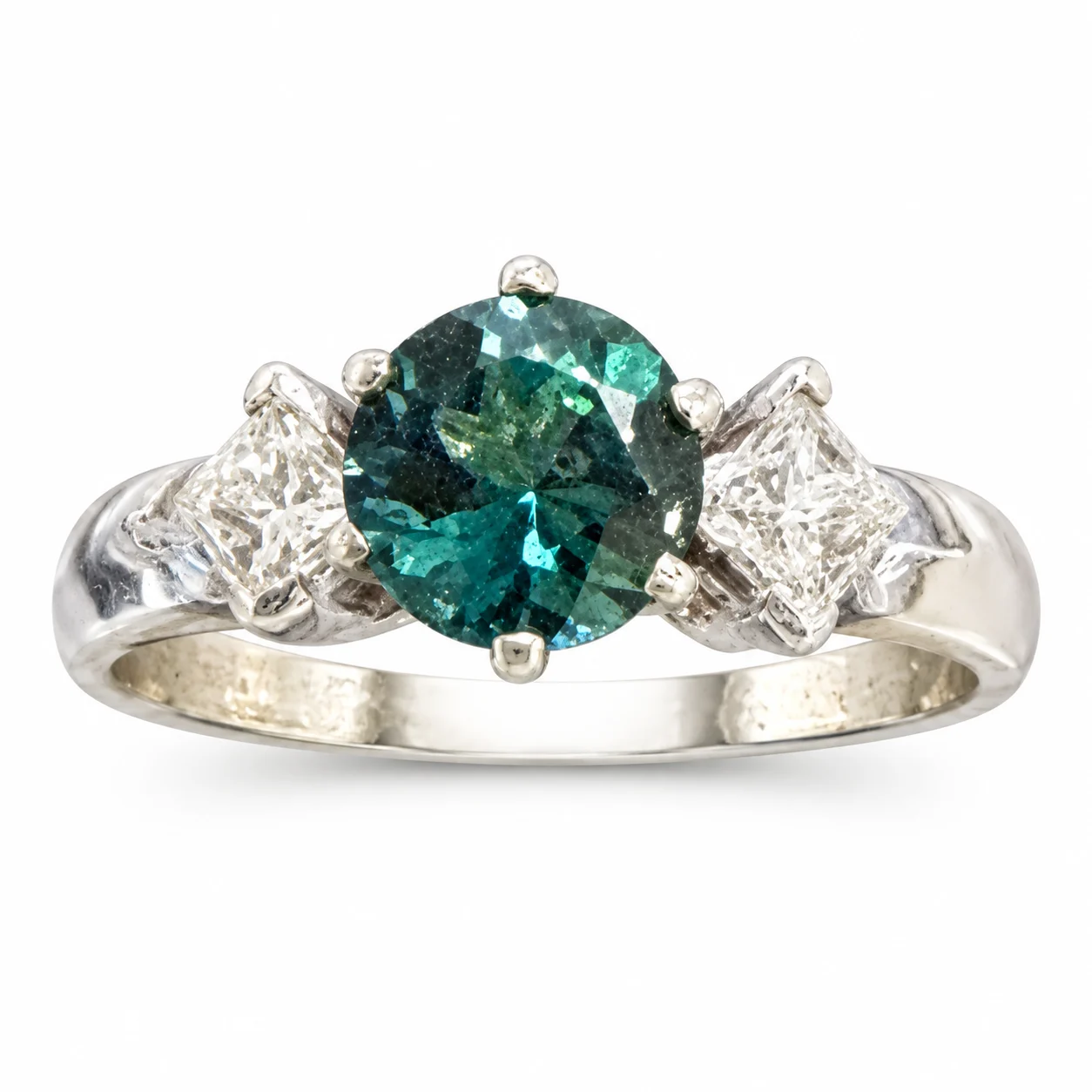Round Blue Zircon & Princes Cut Diamond In White Gold