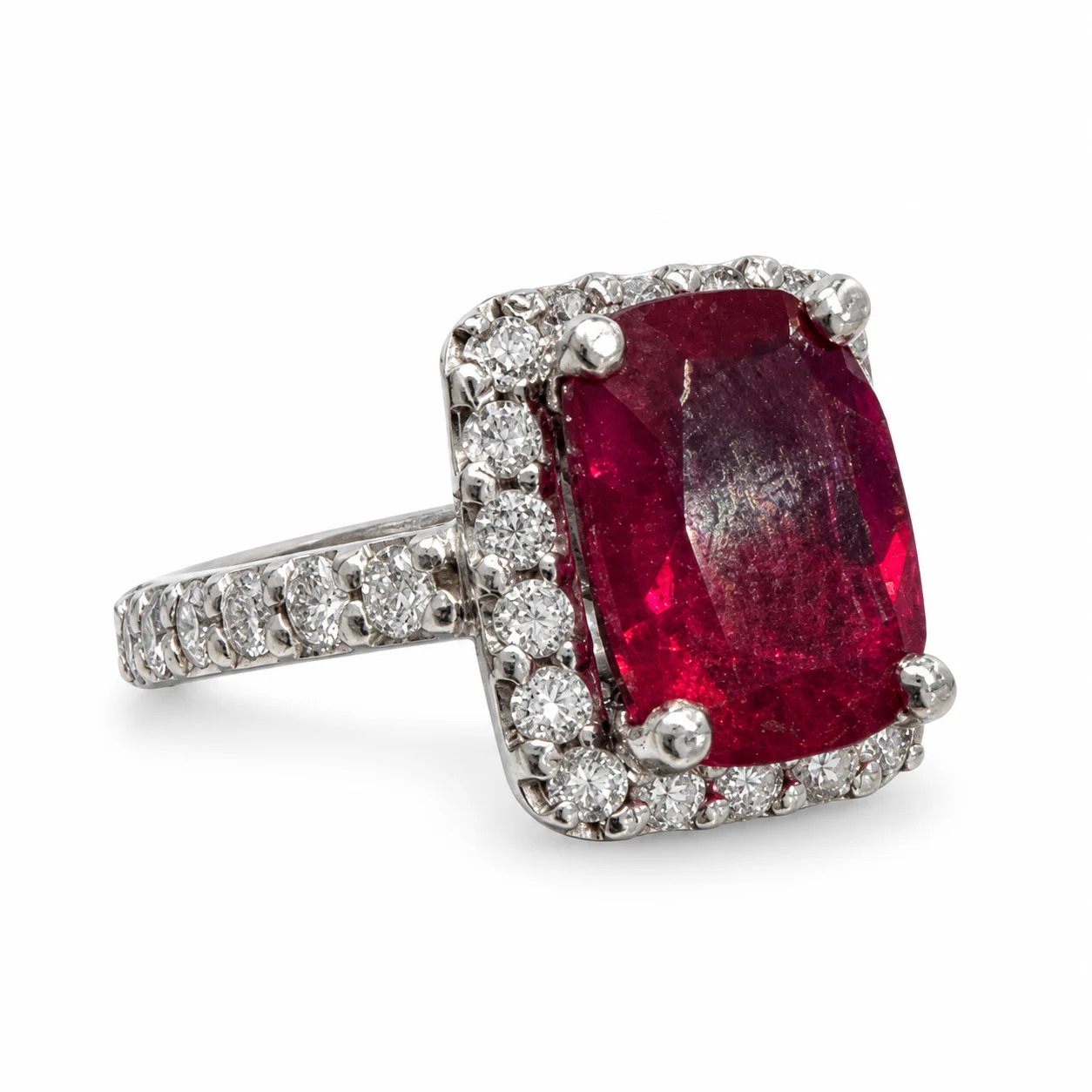 Cushion Elongated Rubellite With Diamond Halo In White Gold