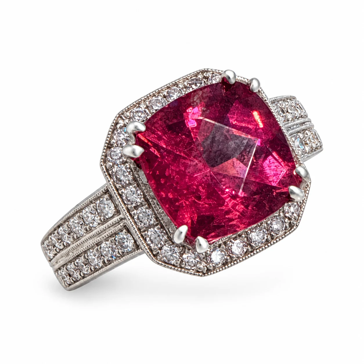 Cushion Cut Pink Rubellite Pink & White Diamonds In White Gold