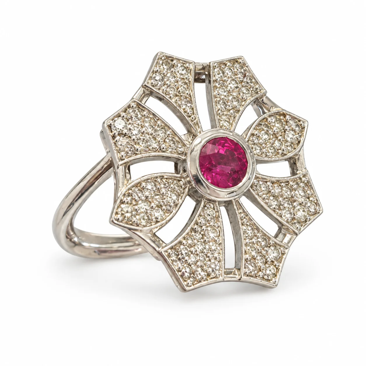 Art Deco Style Pink Sapphire Starburst Medallion Cocktail Ring In White Gold