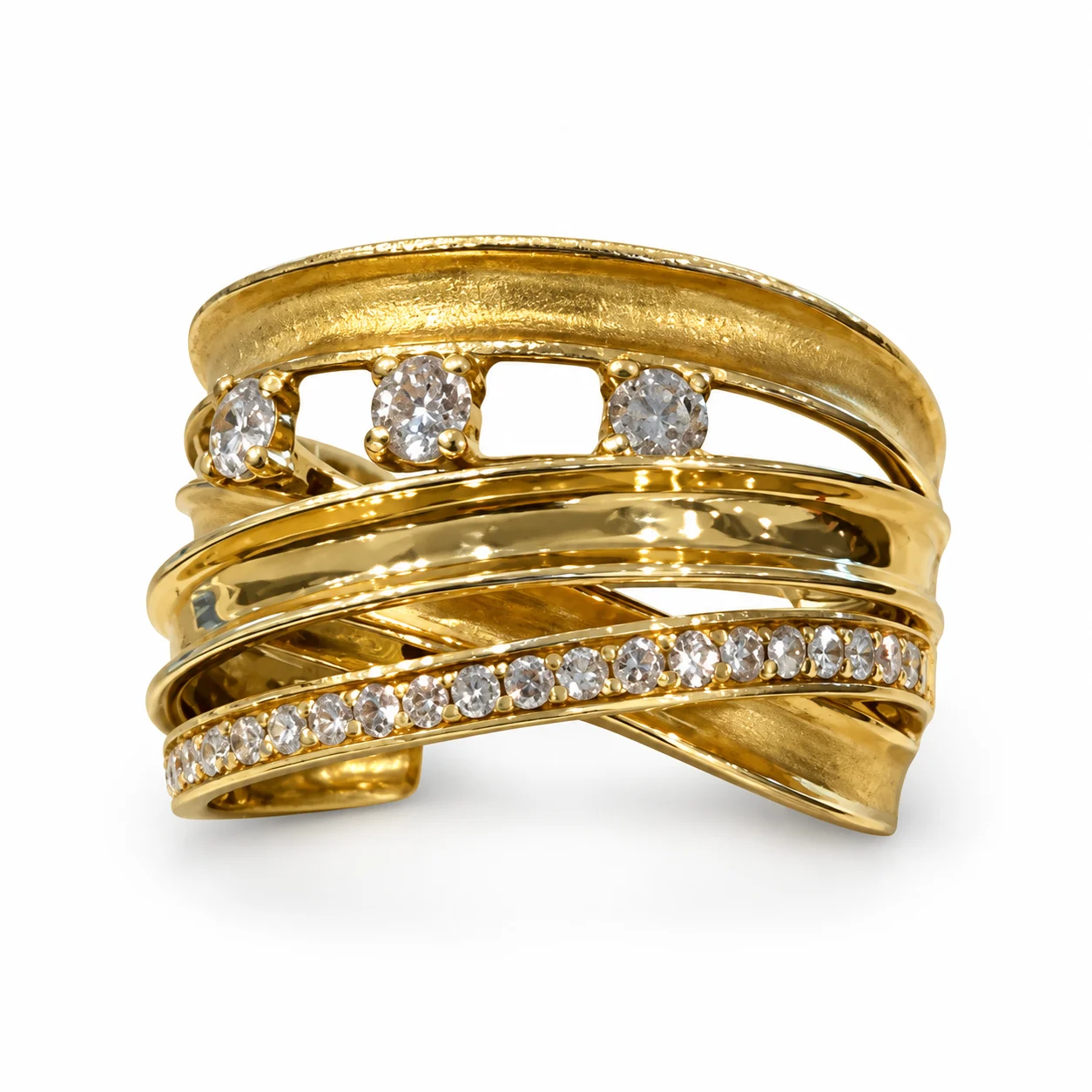 Wide Multi-Row Crossover band With Diamonds in Yellow Gold