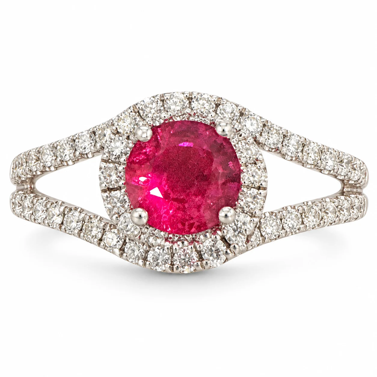 Red Sapphire With Diamond Halo Open Shank In White Gold