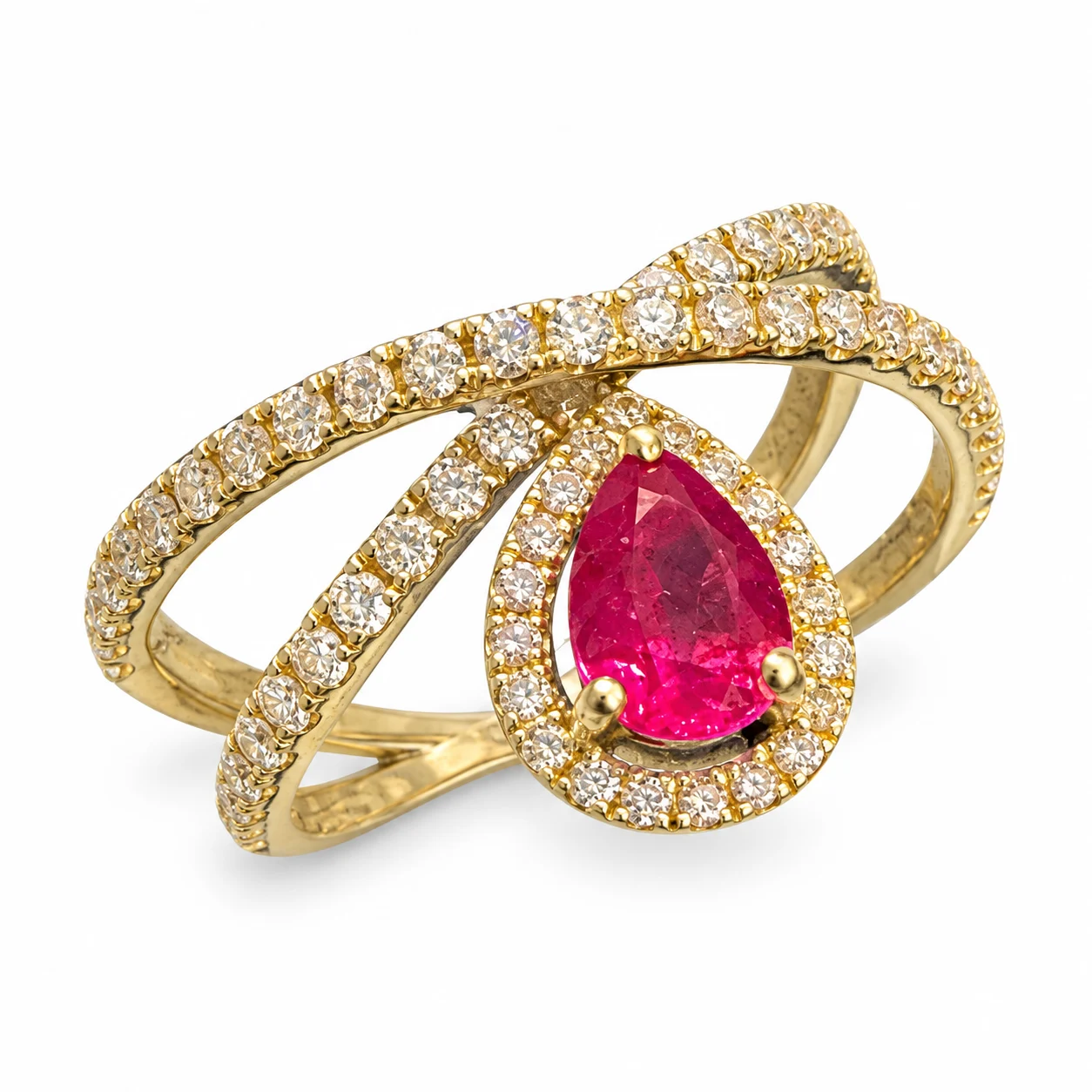 Cross Over Pear Shape Ruby With Diamond Halo In Yellow Gold
