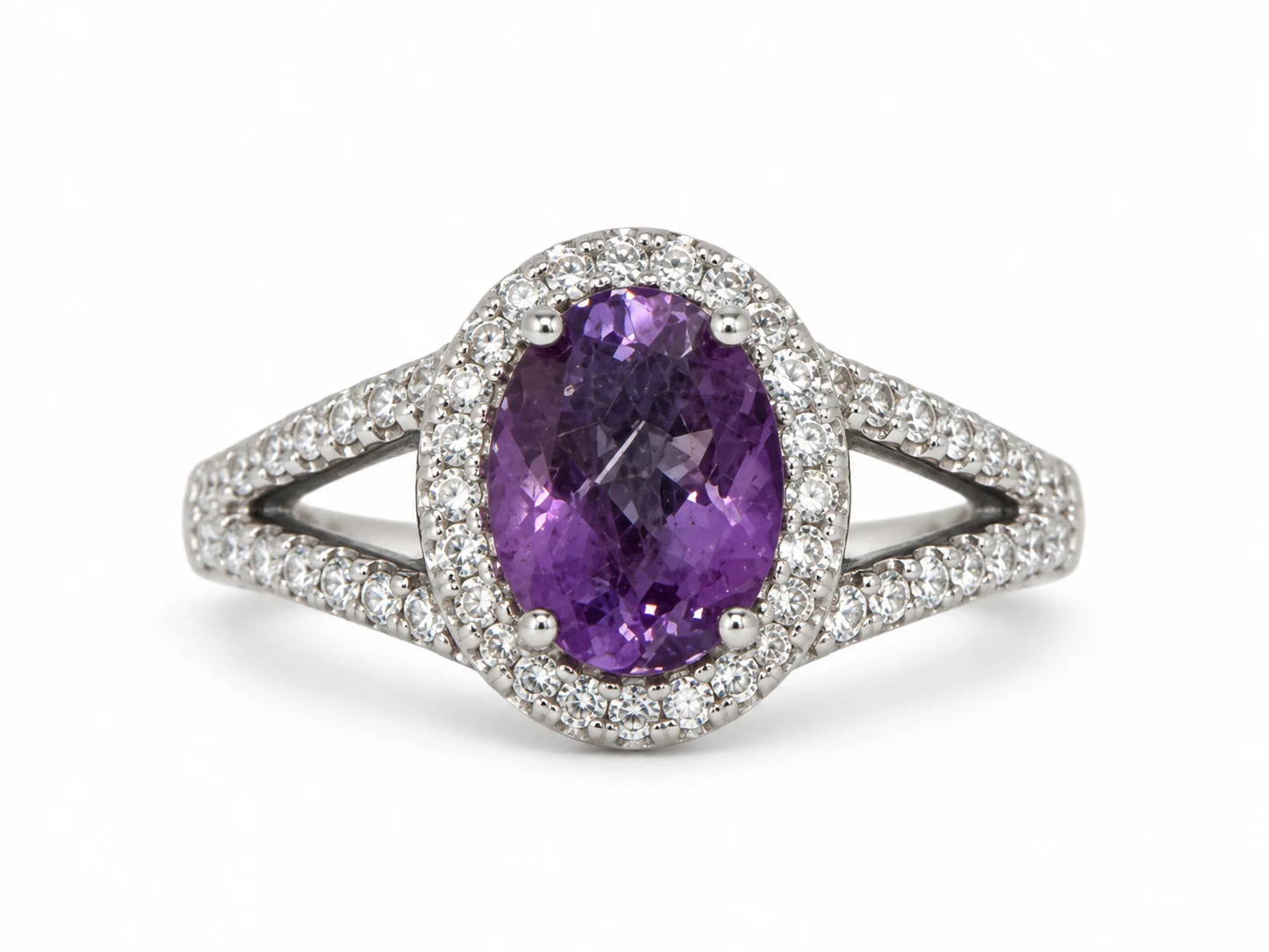 Oval Purple Amethyst With Halo Cubic Zirconia in 925 Sterling Silver