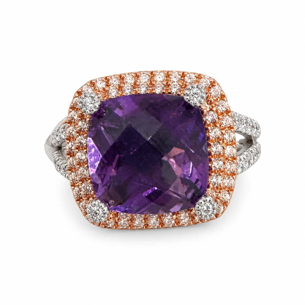 Cushion Cut Purple Amethyst With Cubic Zirconia Halo in 925 Sterling Silver Two Tone