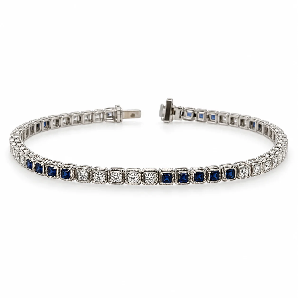 Blue Sapphires & Diamond Tennis Bracelet in White Gold