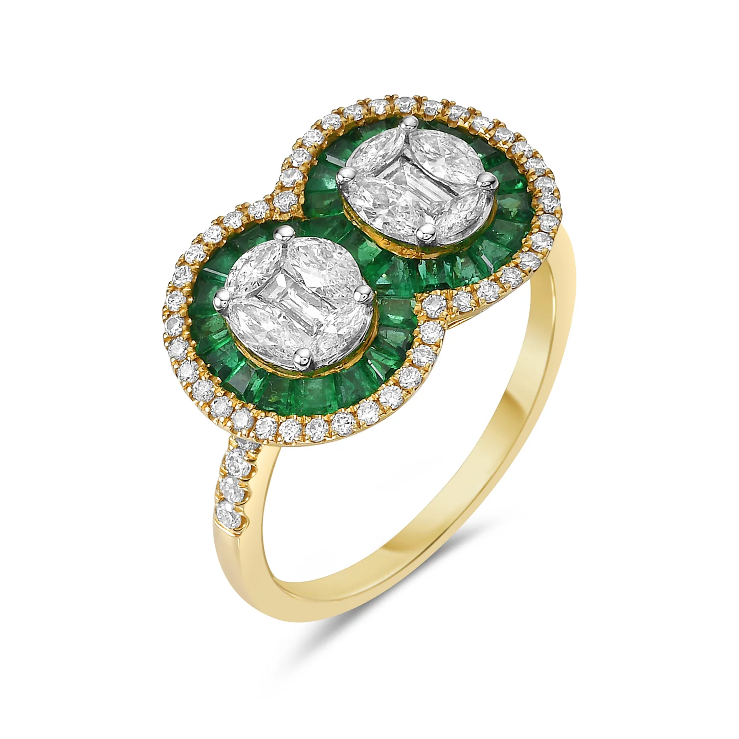 Oval Diamond Mosaic & Emerald Ring in 18K Yellow Gold, alternate view