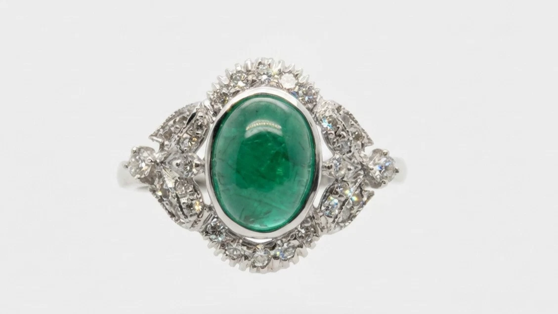 Cabochon Emerald and Diamond Ring in White Gold