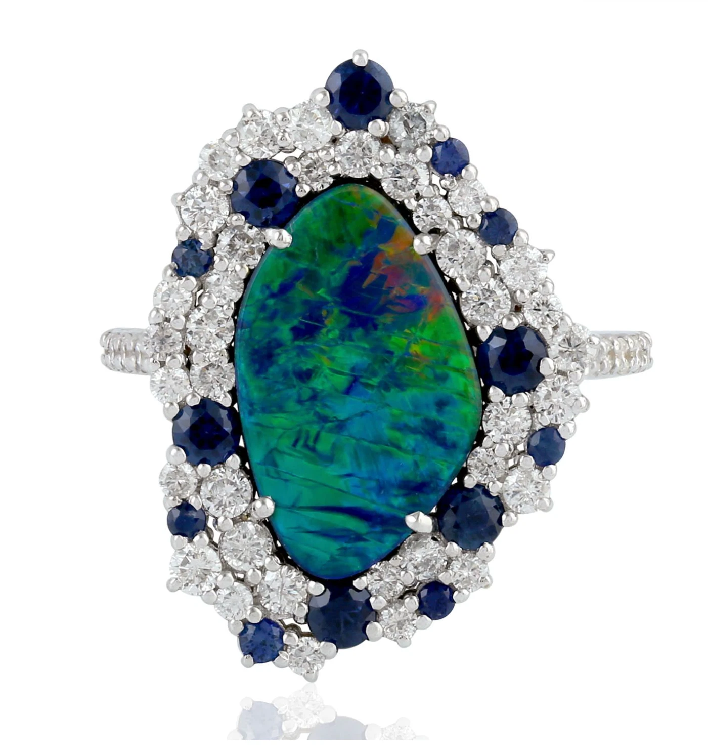 Opal, Sapphire and Diamond Ring in White Gold