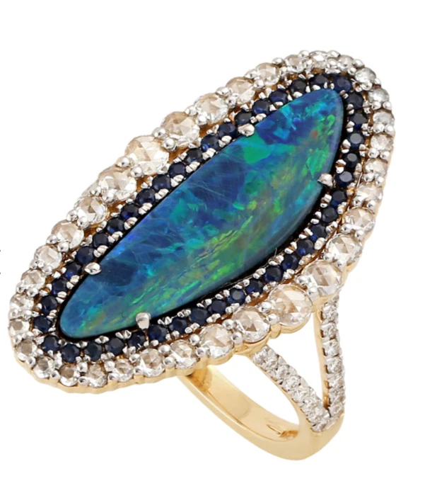 Opal, Sapphire and Diamond Ring in Yellow Gold