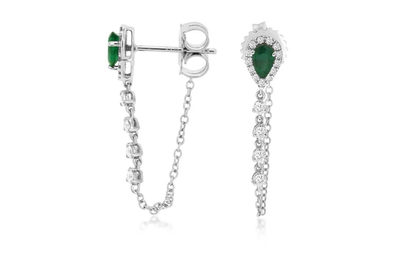 Pear Emerald and Diamond Halo Dangle Earrings in White Gold