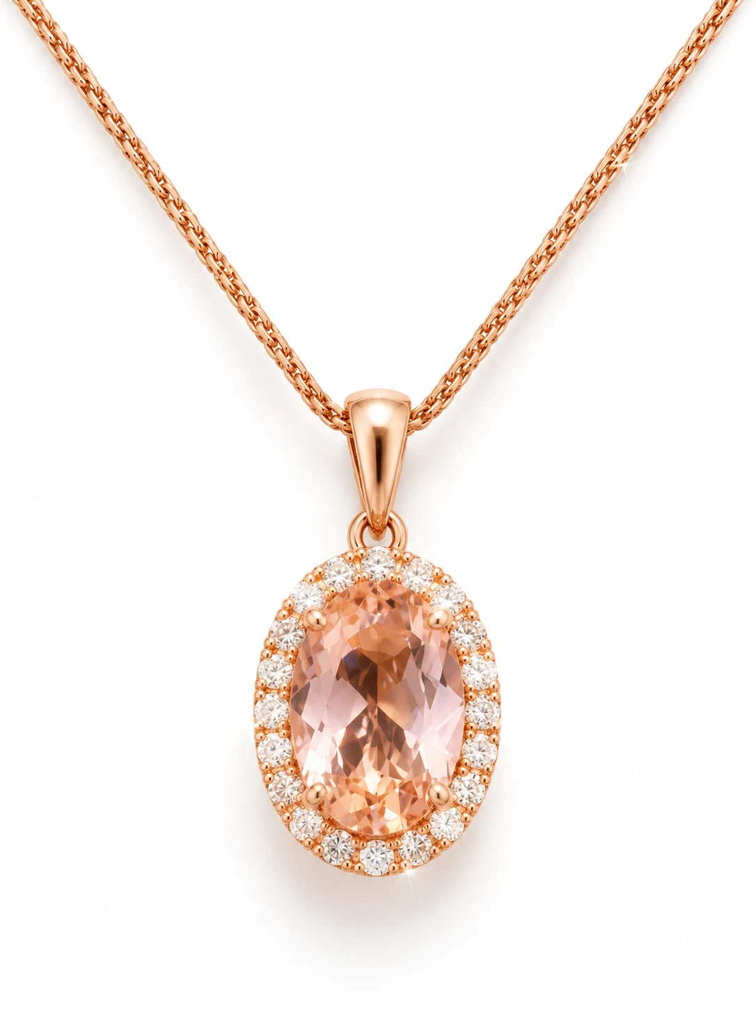 Oval Morganite and Diamond Halo Pendant in Rose Gold
