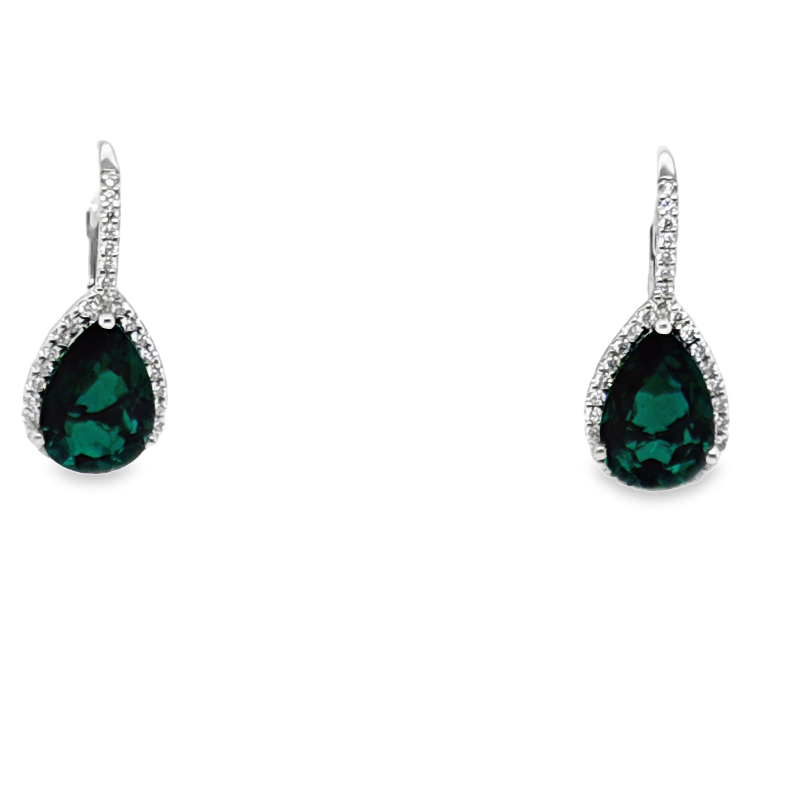 Pear-shaped green tourmaline and diamond halo earrings in white gold, front view