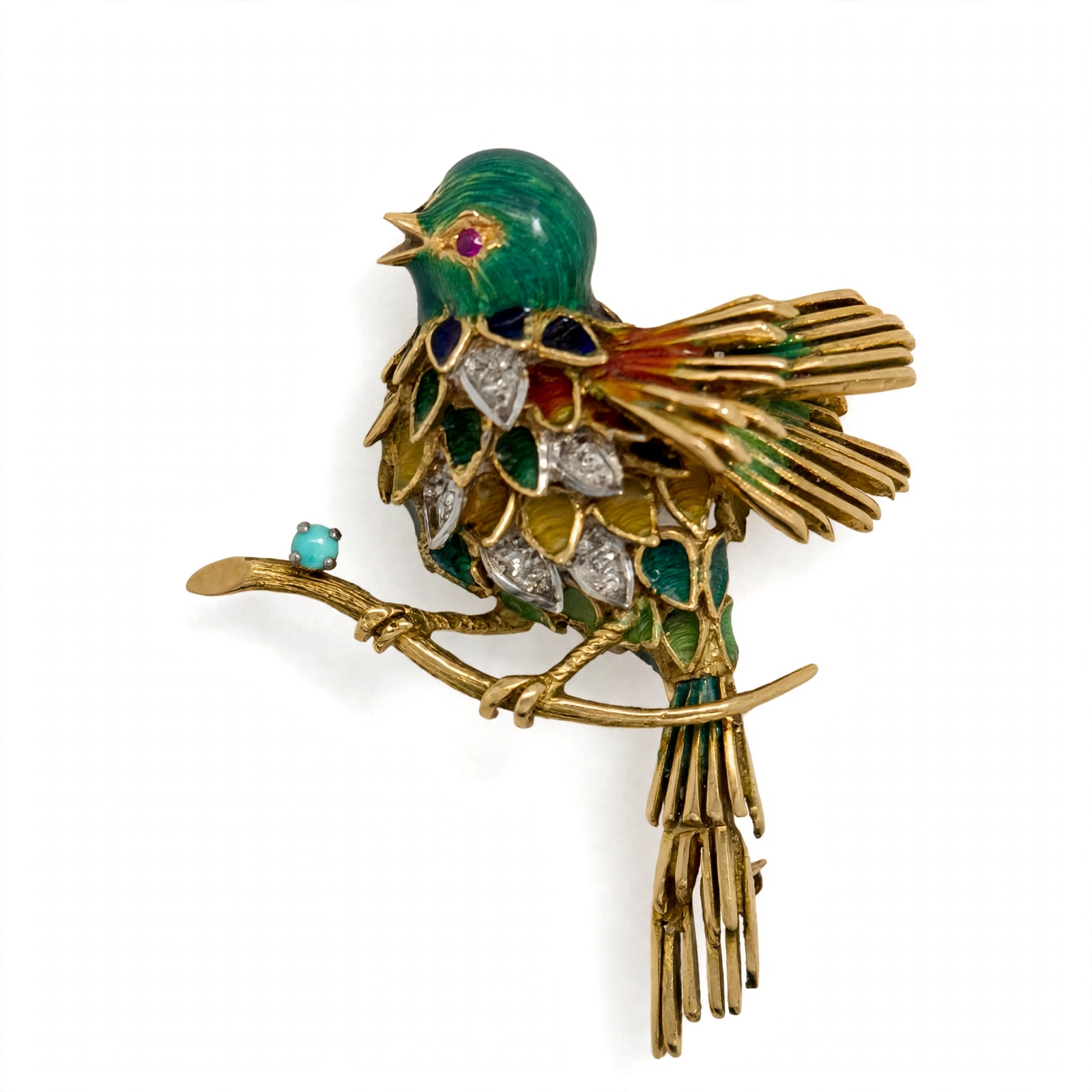 Vintage enamel bird brooch, front view