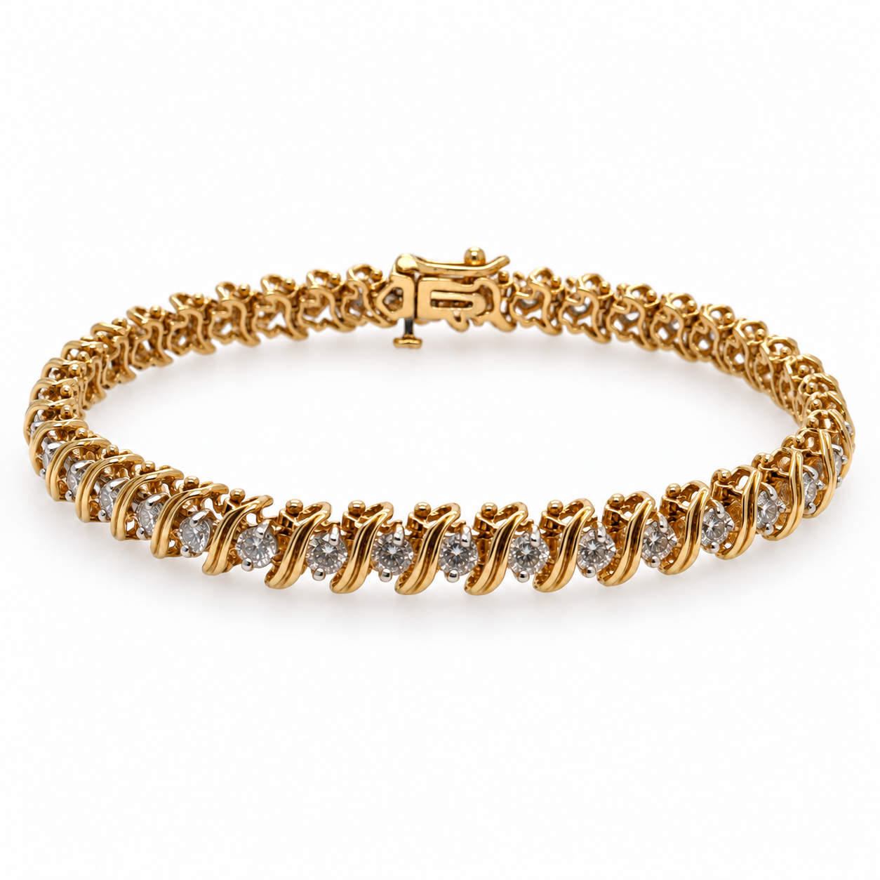 Full view of the vintage diamond tennis bracelet in yellow gold