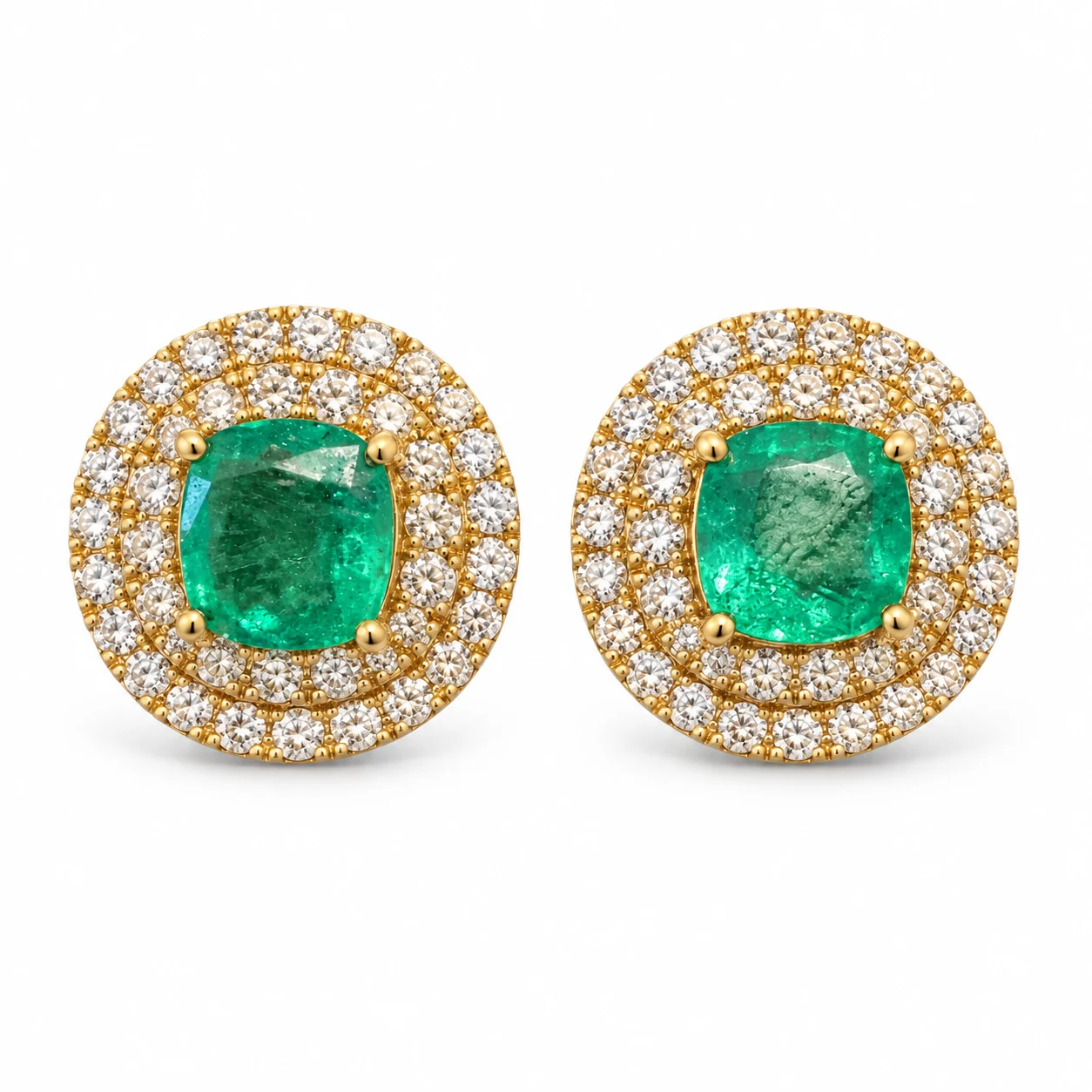 Cushion Cut Emerald & Diamond Sutds in Yellow Gold