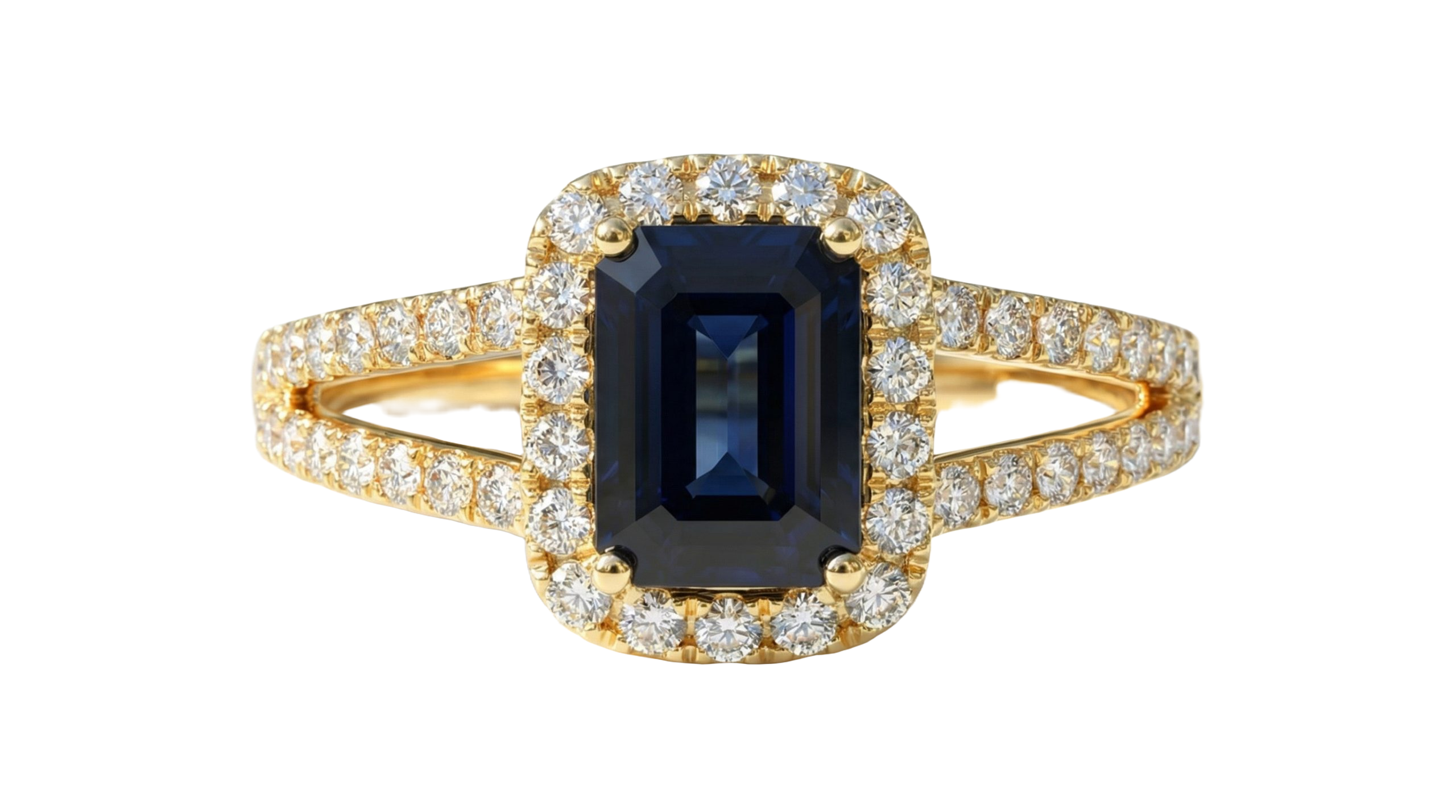Emerald Cut Blue Sapphire With Diamond Halo in Yellow Gold