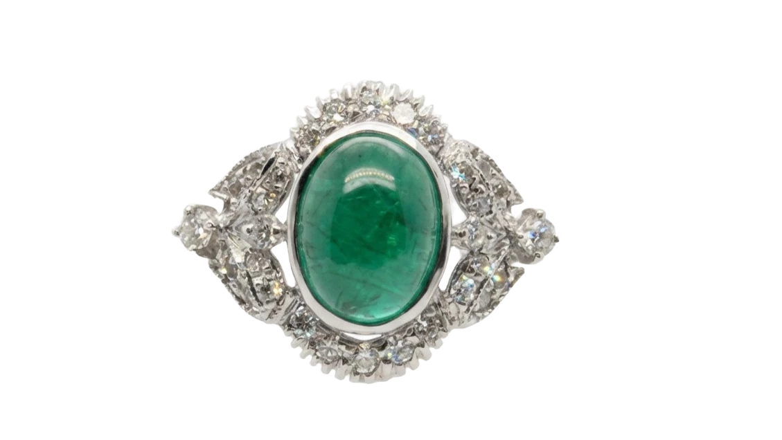 Cabochon Emerald and Diamond Ring in White Gold