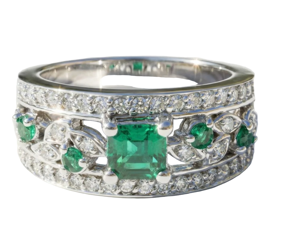 Emerald and Diamond Band in Yellow Gold
